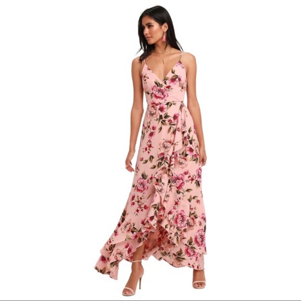 New Lulu‘s pink floral ruffle high-low Maxi dress Spring Summer Sleeveless
